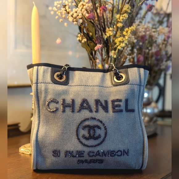 Chanel‎ Blue Denim Sequin Deauville Tote Bag - Picture 5 of 16